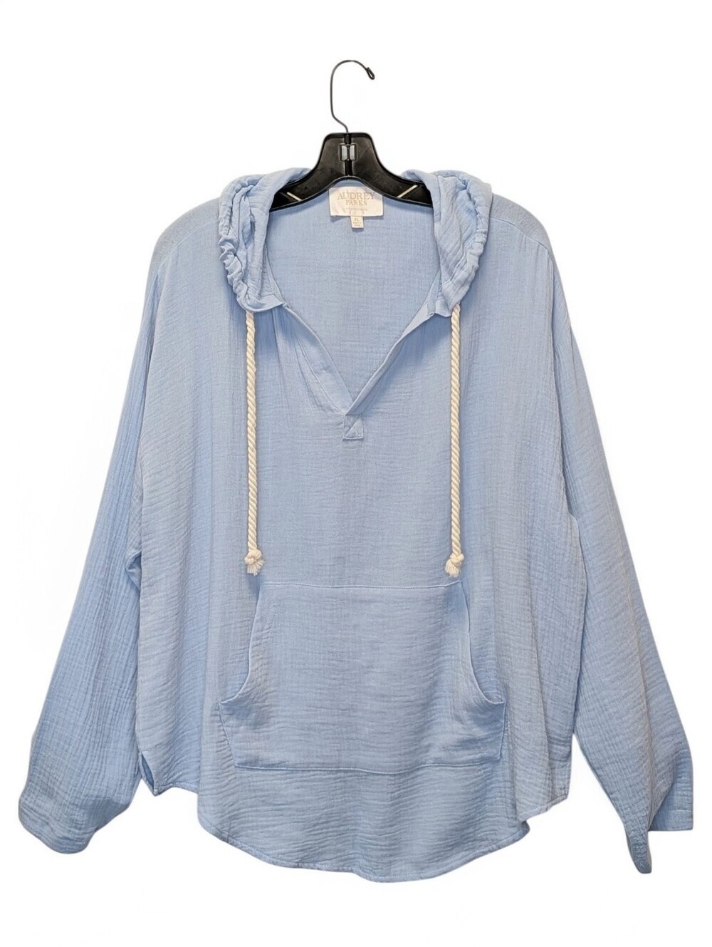 Francesca’s Audrey Parks Blue Gauze Hooded Pullover Top XL Coastal Boho